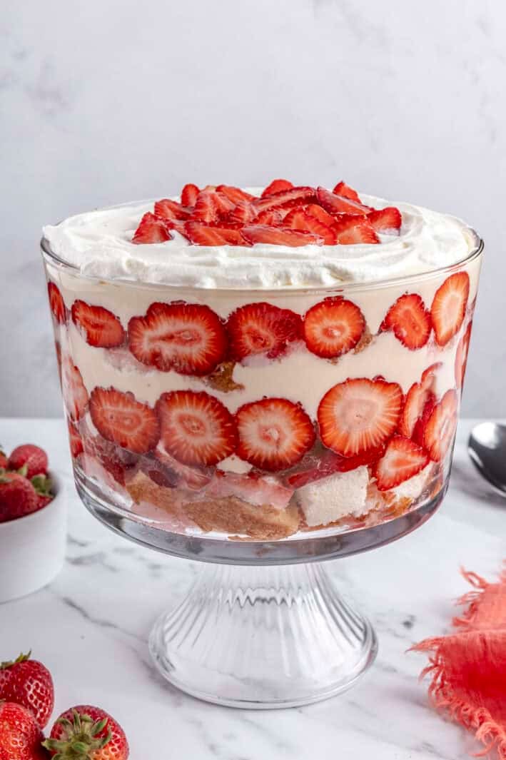 Easy homemade strawberry trifle recipe made with vanilla pudding in a trifle dish.