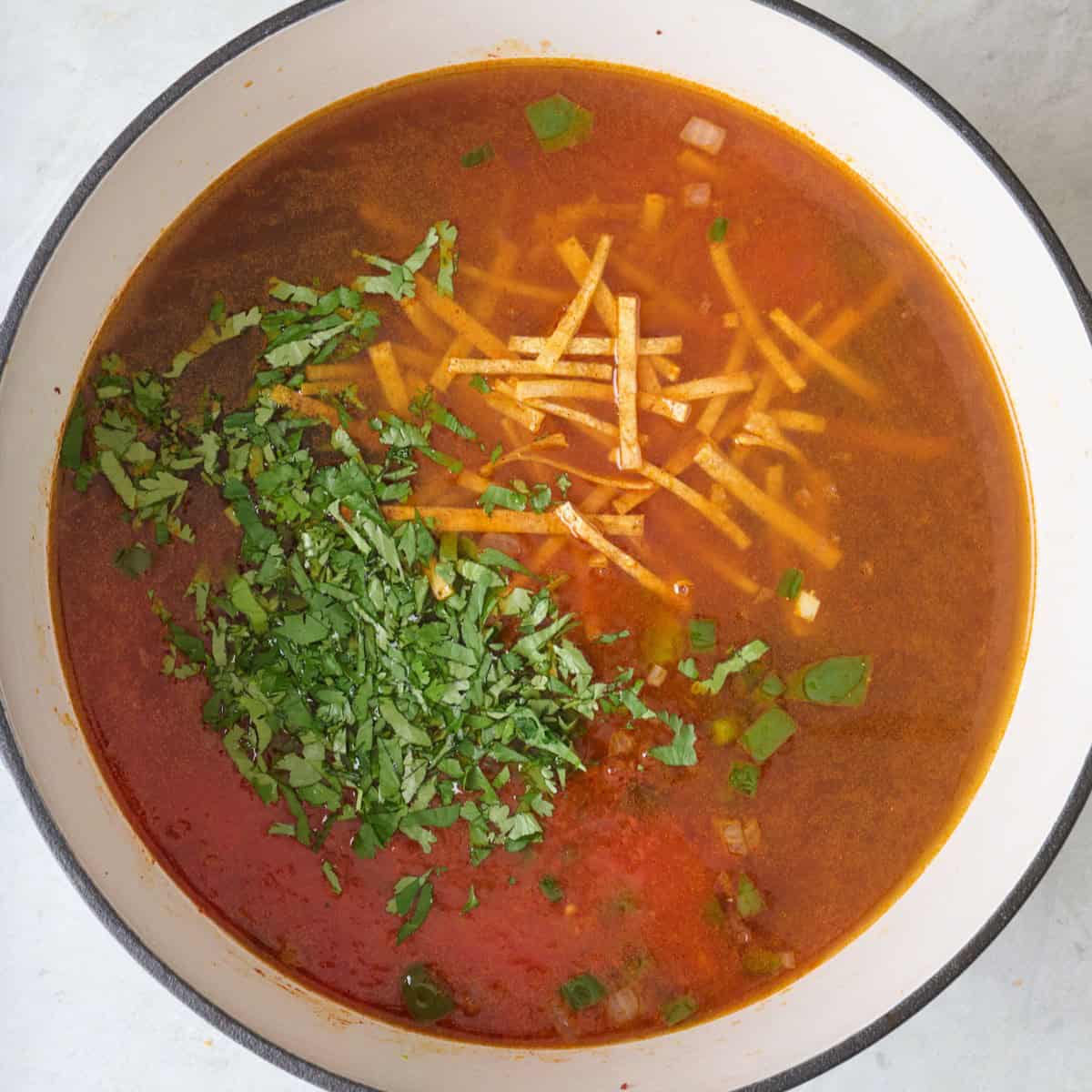 Broth, tortilla strips, tomato sauce, and cilantro added to pot.