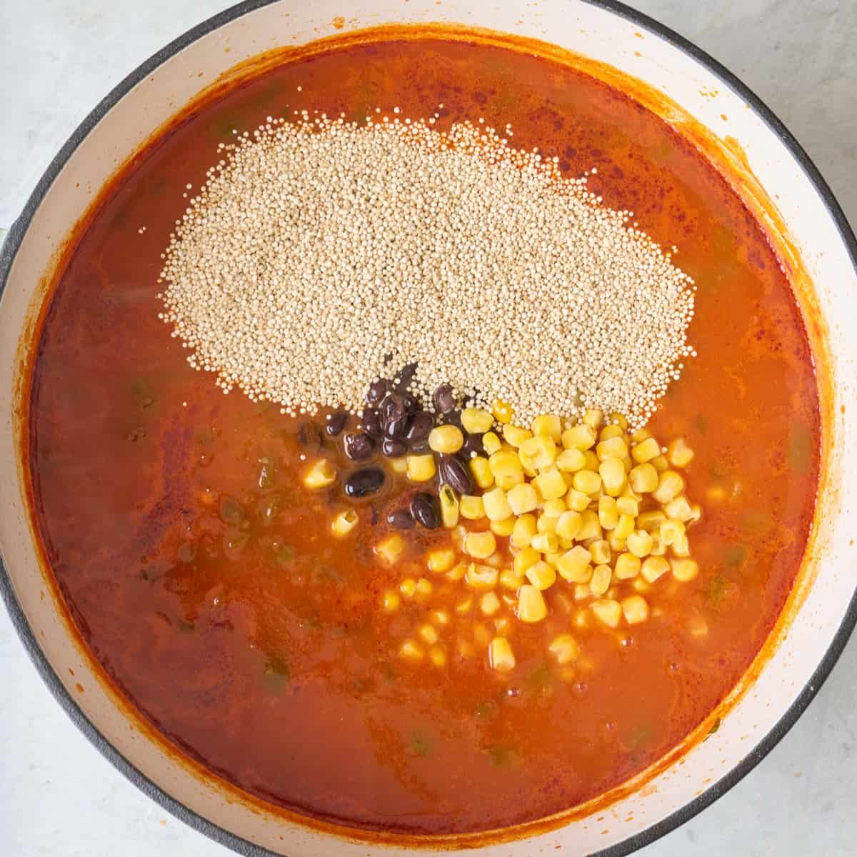 Quinoa, beans and corn added to soup.