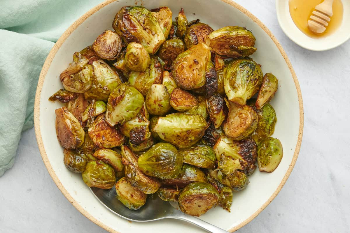 Balsamic brussel sprouts recipe on a plate.