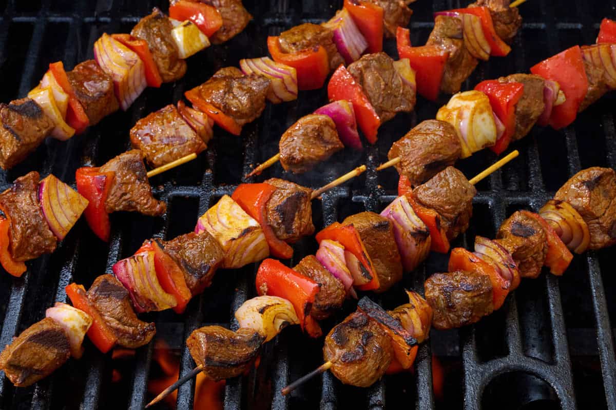 Grilled beef shish kabob recipe on grill.