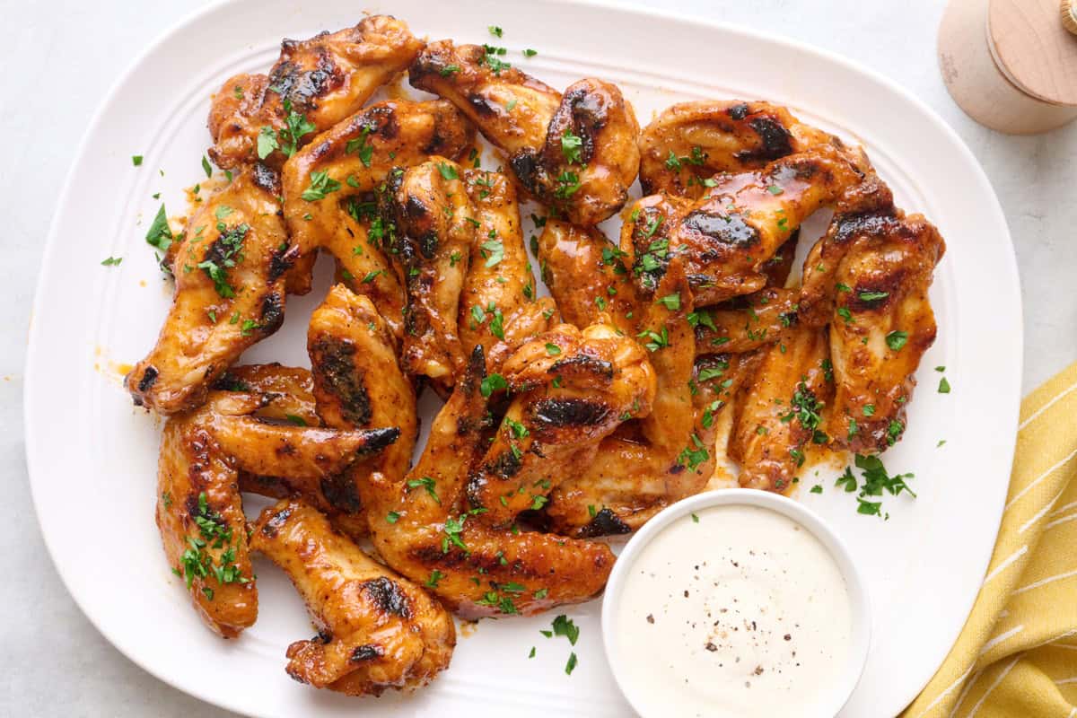 Buffalo sauce grilled chicken wings.