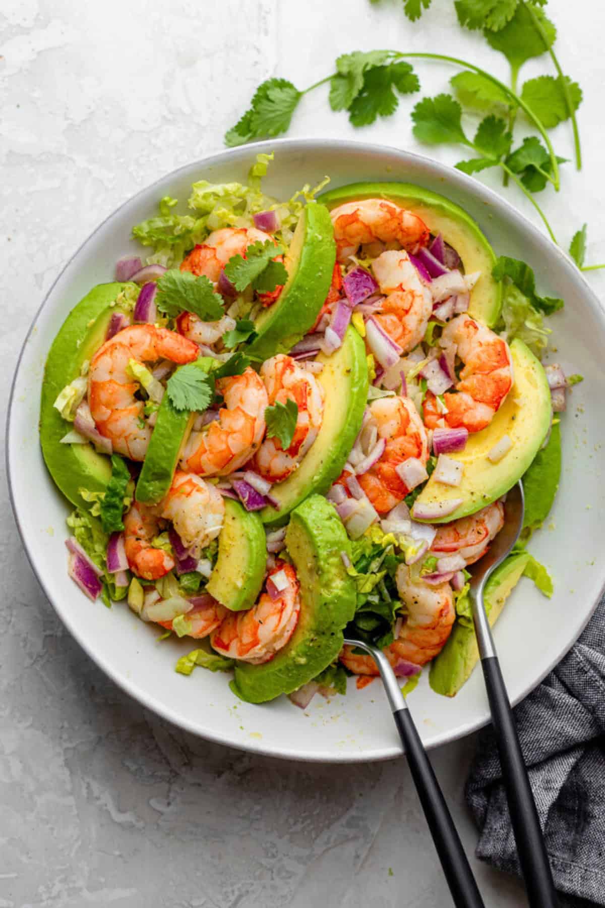 Easy shrimp avocado salad in a bowl.