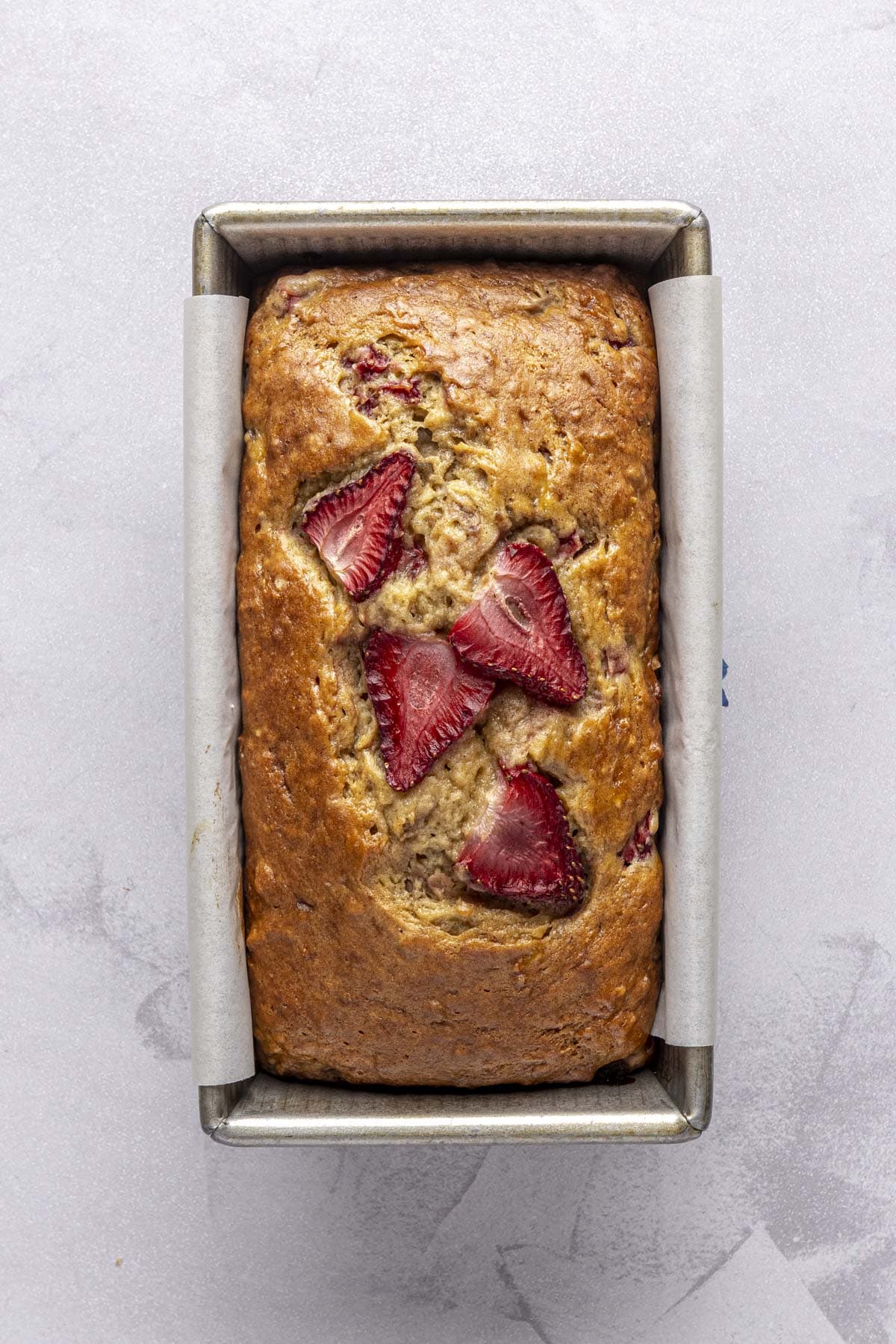 Quick bread in loaf pan after baking.