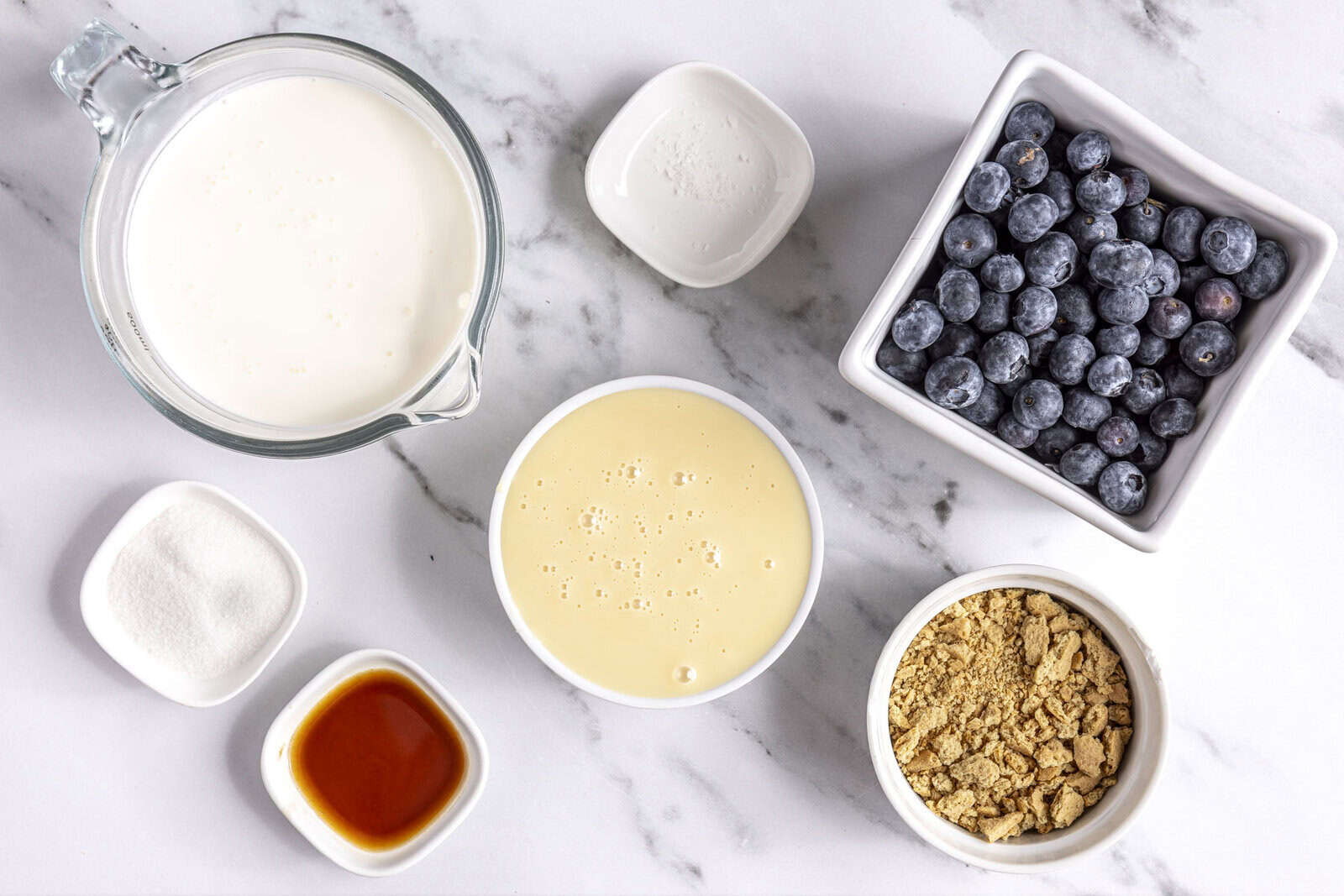 Ingredients for recipe: cream, sweetened condensed milk, sugar, vanilla, salt, fresh blueberries, and graham cracker crumbs.
