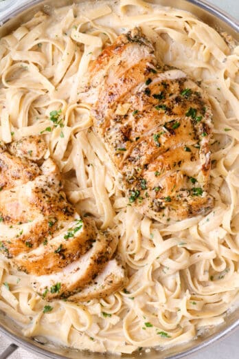 Chicken alfredo pasta recipe in a pan.