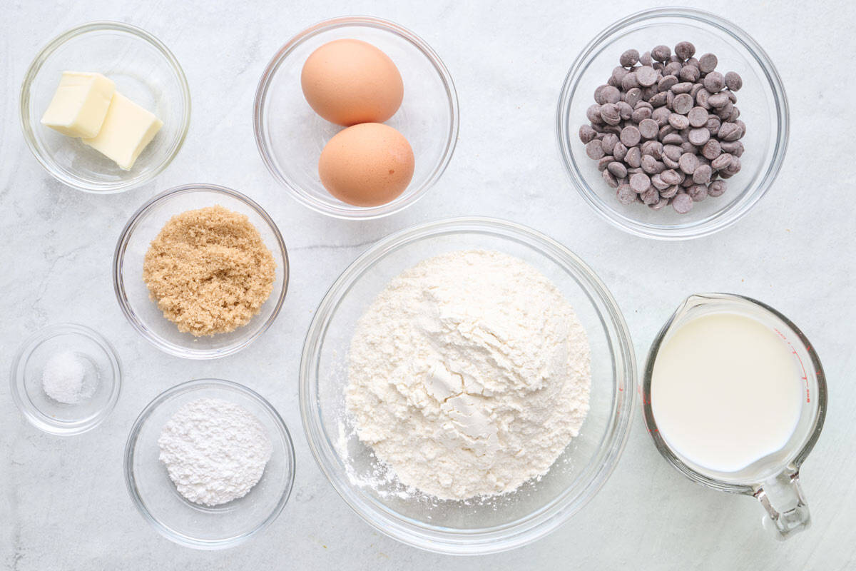Ingredients for recipe: flour, butter, eggs, brown sugar, baking power, salt and chocolate chips.