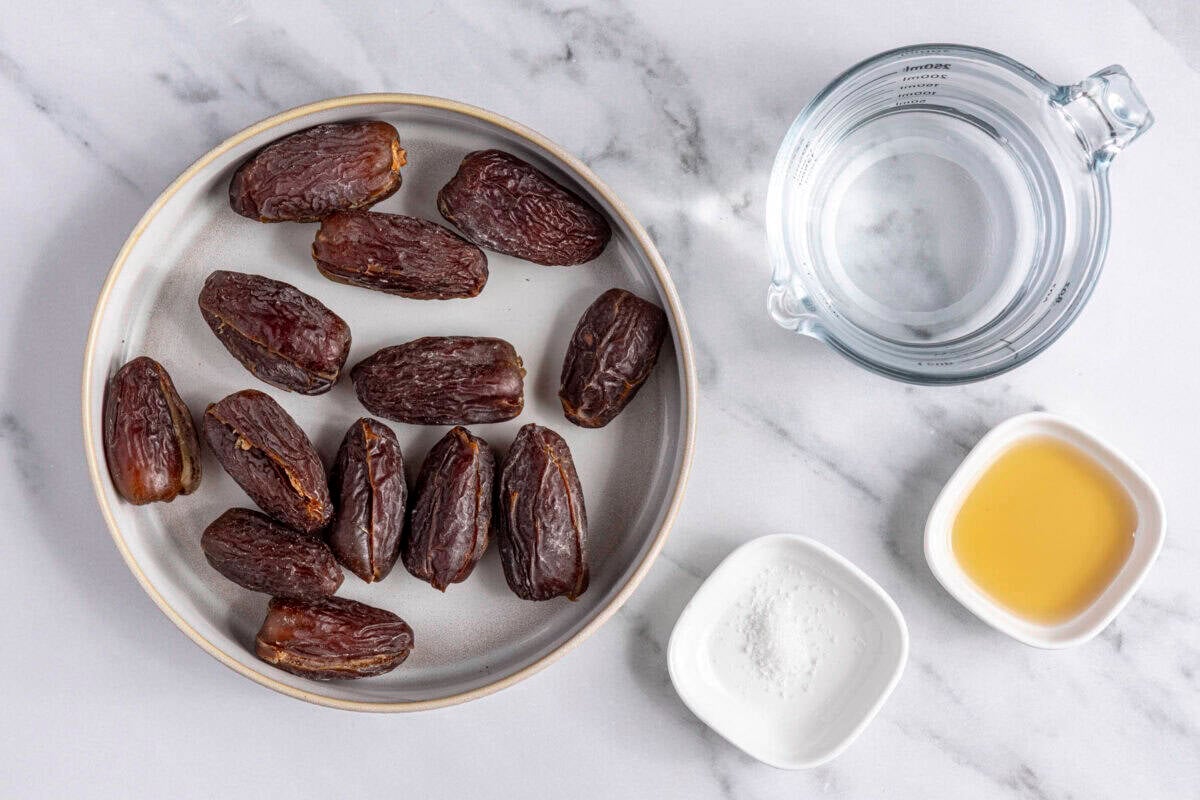 Ingredients for recipe: dates, water, maple syrup, and salt.