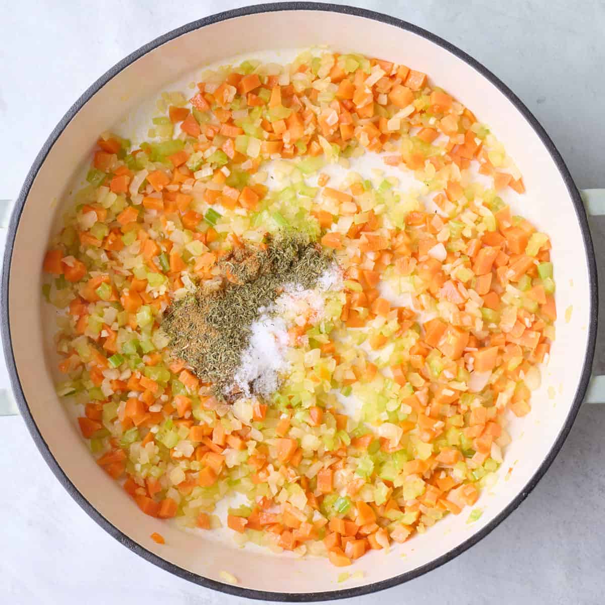 Spices added to pot with cooked veggies.