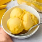 Mango sorbet recipe in a bowl.