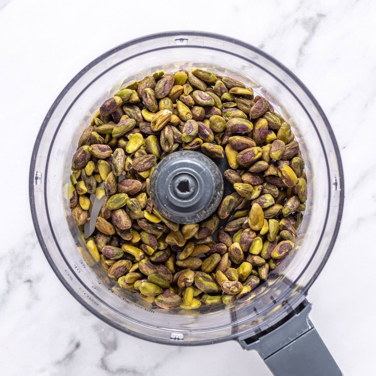 Pistachios in a food processor before processing.