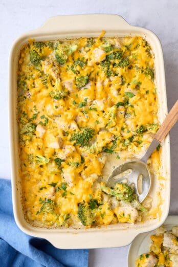 Easy chicken broccoli bake with pasta in a casserole dish.