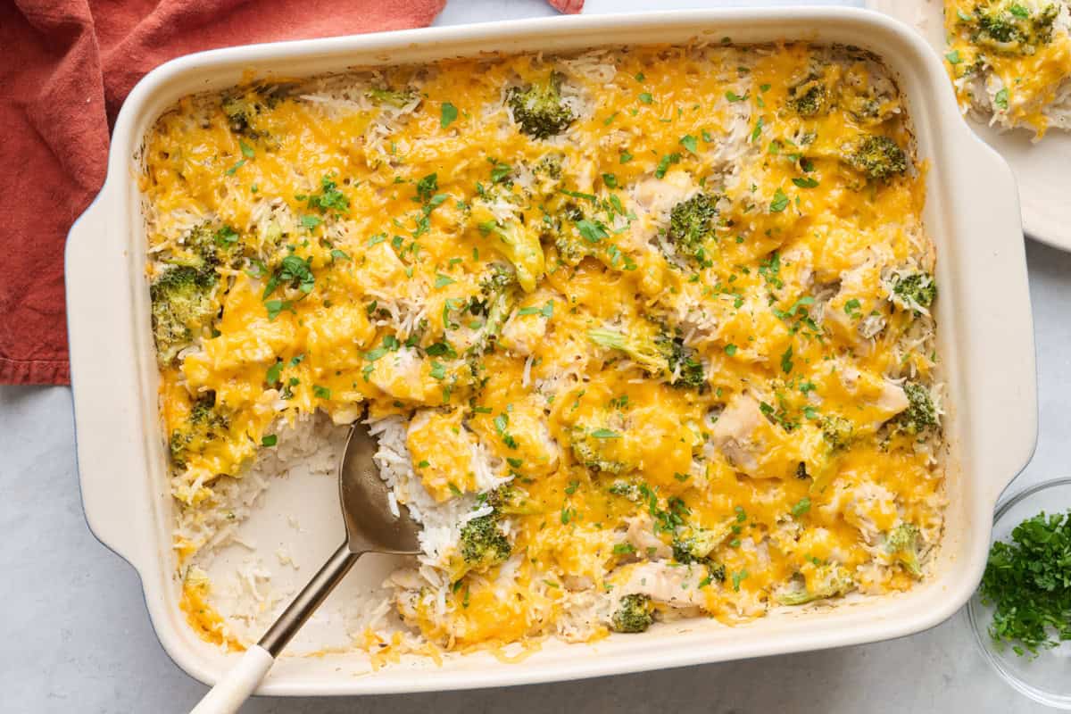 Chicken broccoli rice casserole in baking dish.
