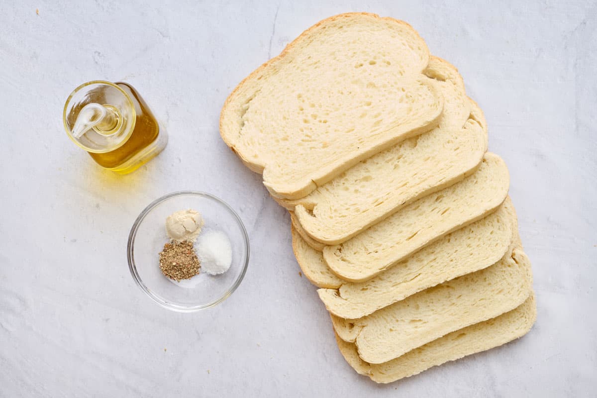 Ingredients for recipe: sliced bread, oil, and spices.