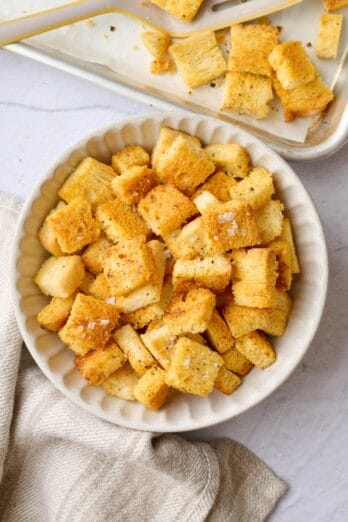 Crunchy homemade crouton recipe in a bowl.