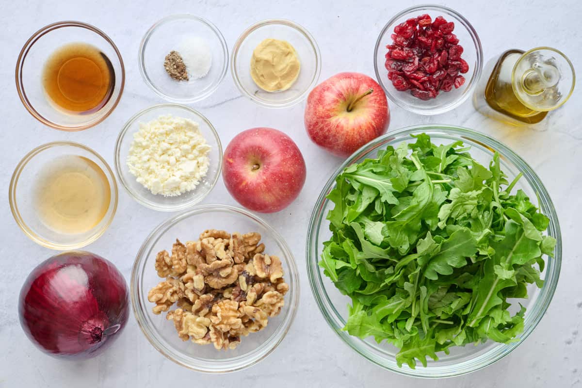 Ingredients for recipe: apple cider vinegar, maple syrup, Dijon mustard, salt and pepper, red onion, walnuts, apples, mustard, dried cranberries, arugula, and oil.