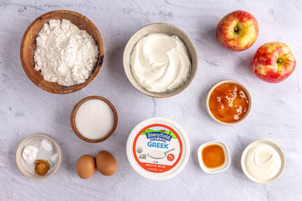 Ingredients for cake recipe before prepping: Stonyfield Organic Whole Milk Greek Yogurt, flour, sugar, cinnamon, baking powder, baking soda, salt, eggs, vanilla, apricot jam, and apples.