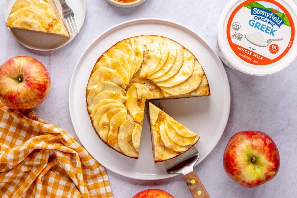 Moist apple yogurt cake made with Stonyfield Greek yogurt.