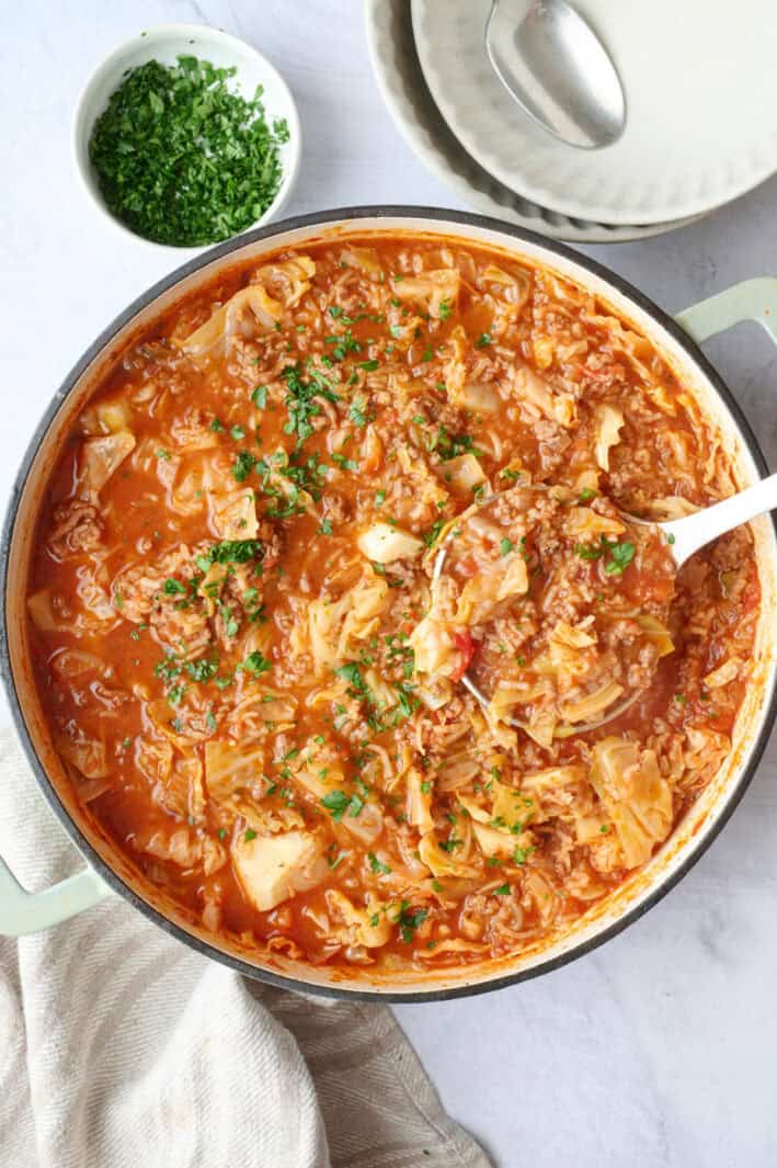 Easy cabbage roll soup recipe in a pot.
