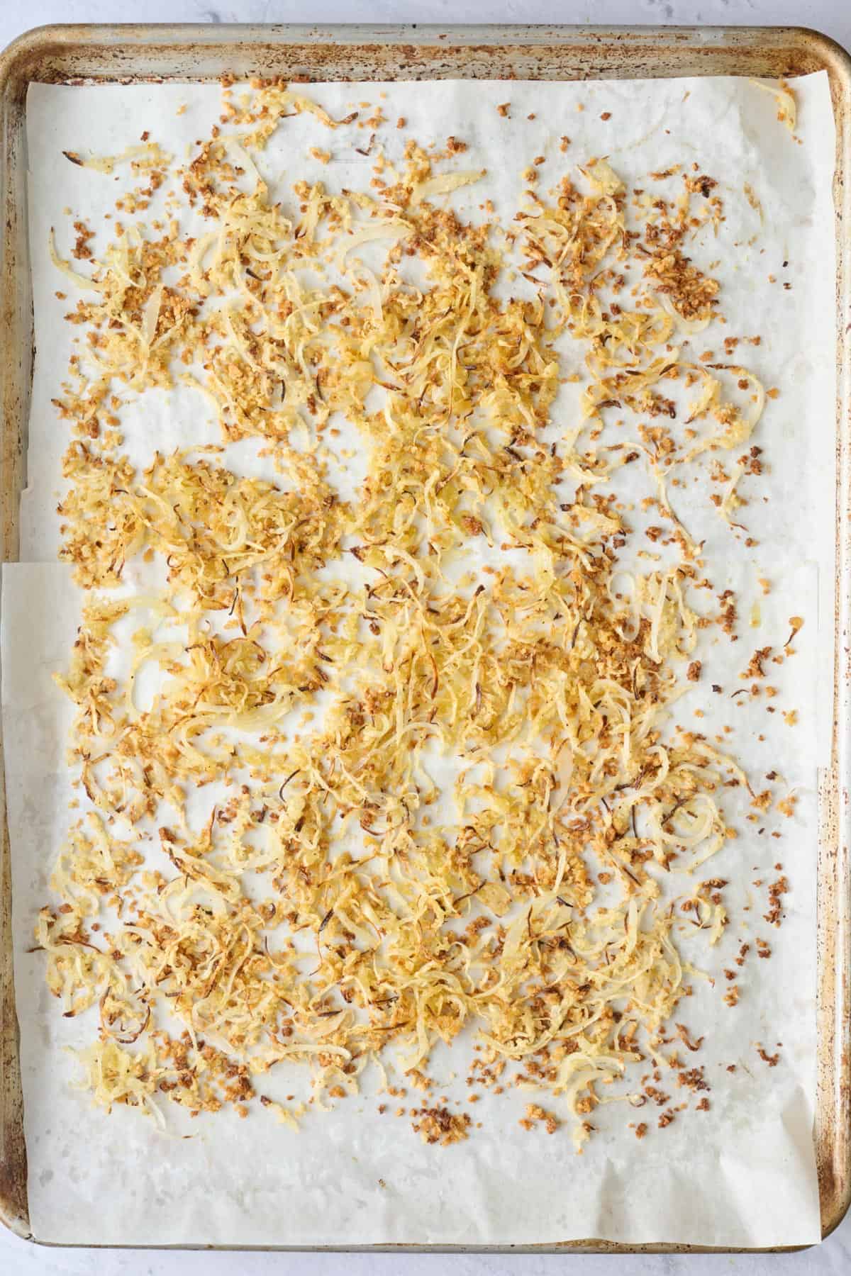 Panko coated sliced onions after baking.