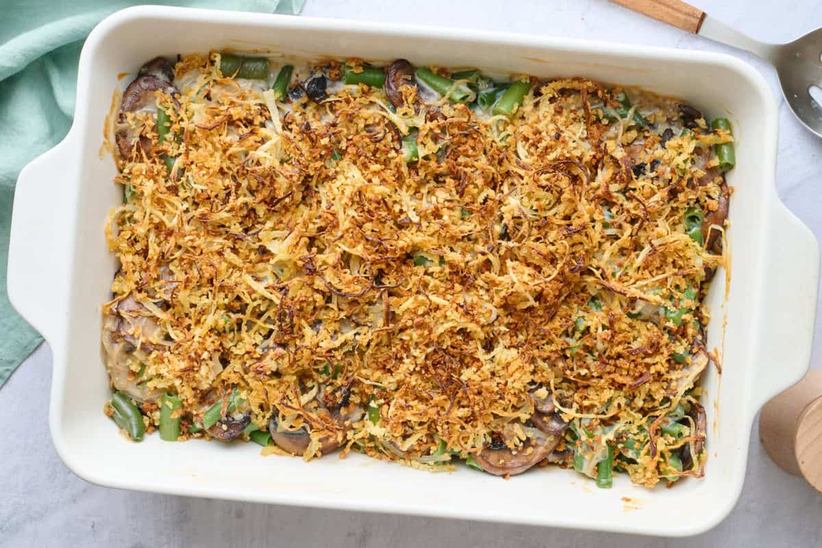 Easy green bean casserole in baking dish.