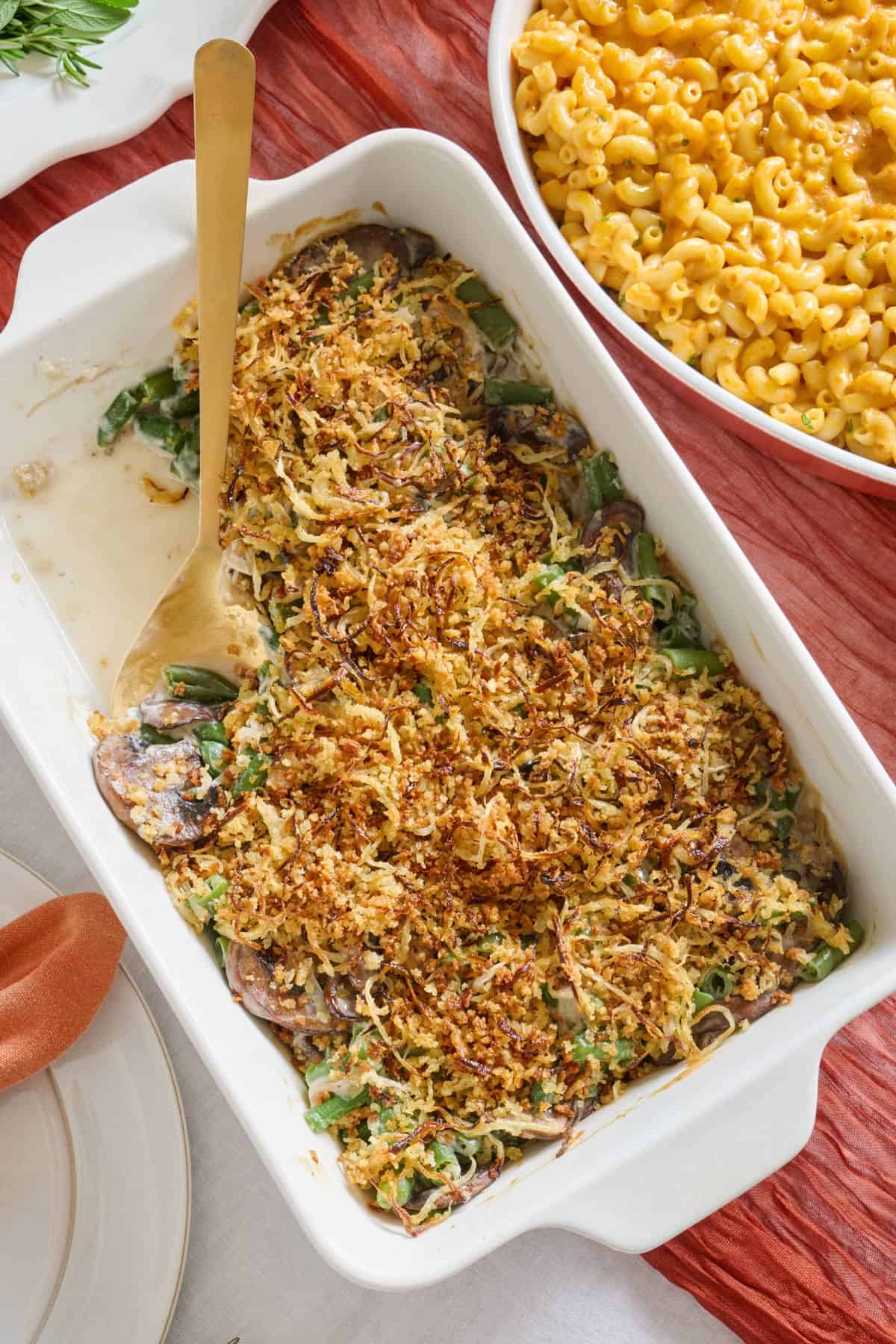 Green bean casserole on dinner table.