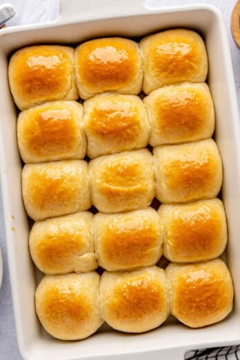Homemade dinner rolls recipe in a baking dish.