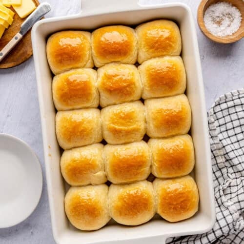 Homemade dinner rolls recipe in a baking dish.