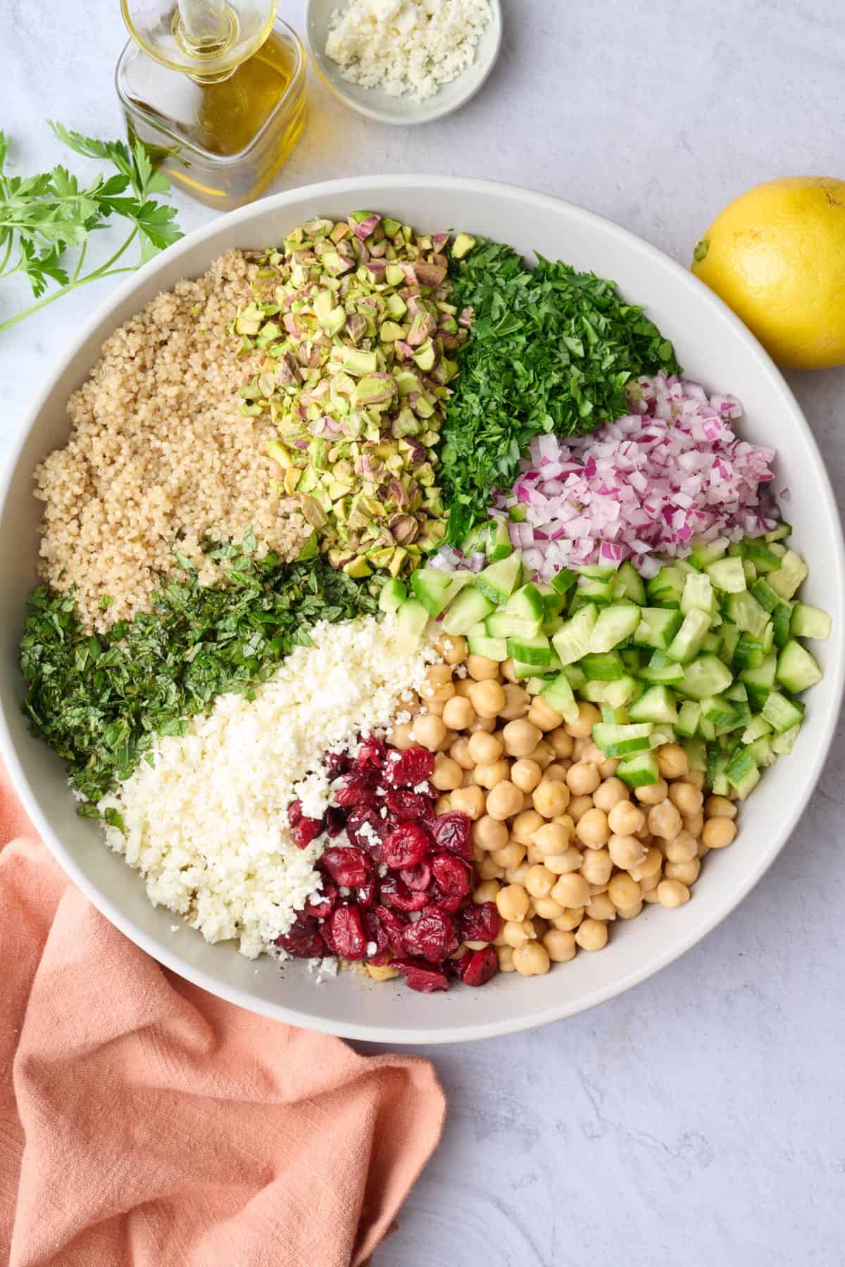 Easy Jennifer Aniston salad in a bowl before tossing together.