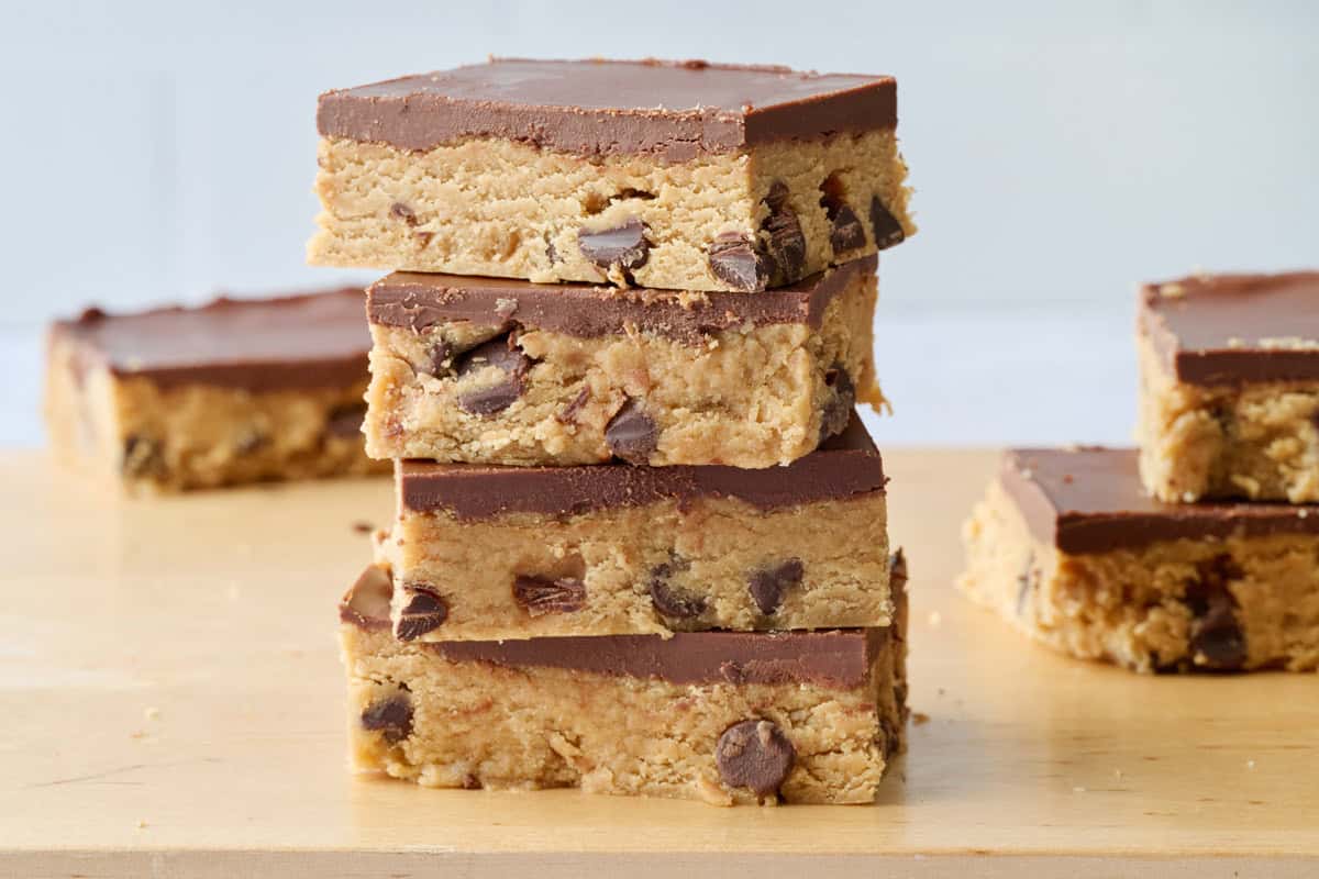 Easy no bake cookie dough bars with chocolate chips.