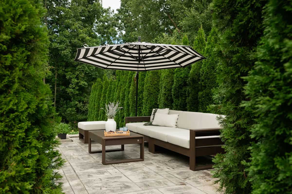Looking into outdoor patio with Polywood sectional furniture showing through