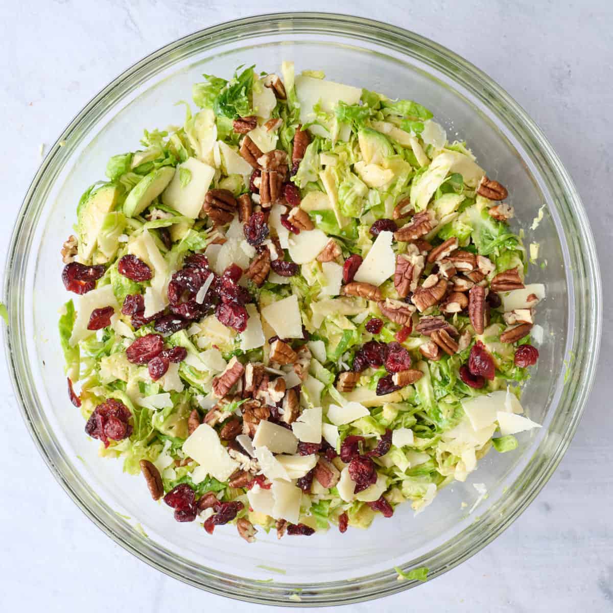 Tossed salad with shaved parmesan, dried cranberries and pecan halves added on top.