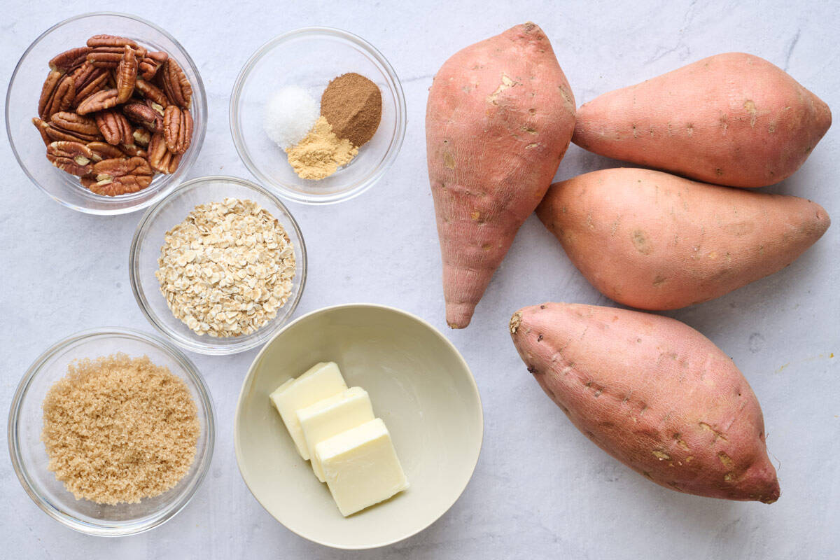 Ingredients for recipe: pecans, oats, brown sugar, butter, seasonings, and sweet potatoes.