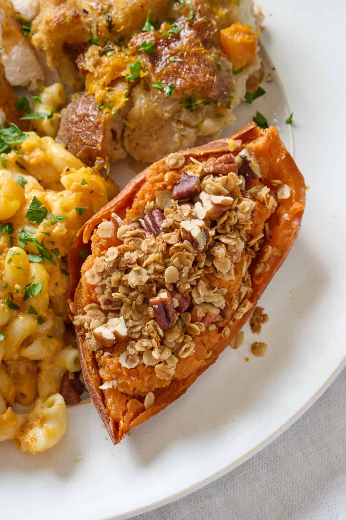 Serving of twice baked sweet potato on thanksgiving plate.