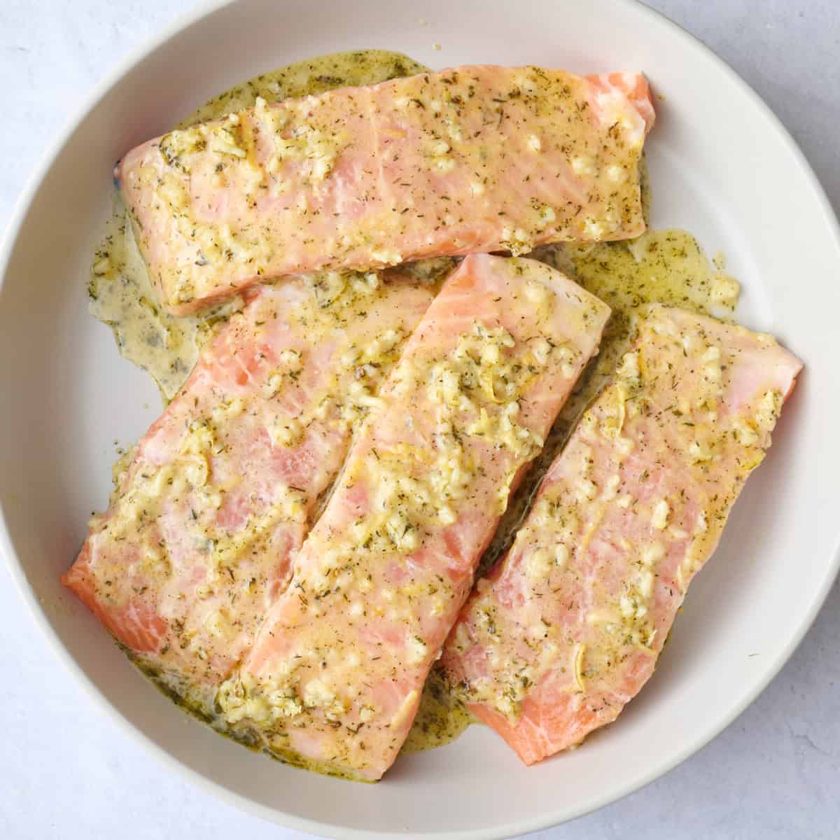 Salmon tossed in citrus mustard marinade.