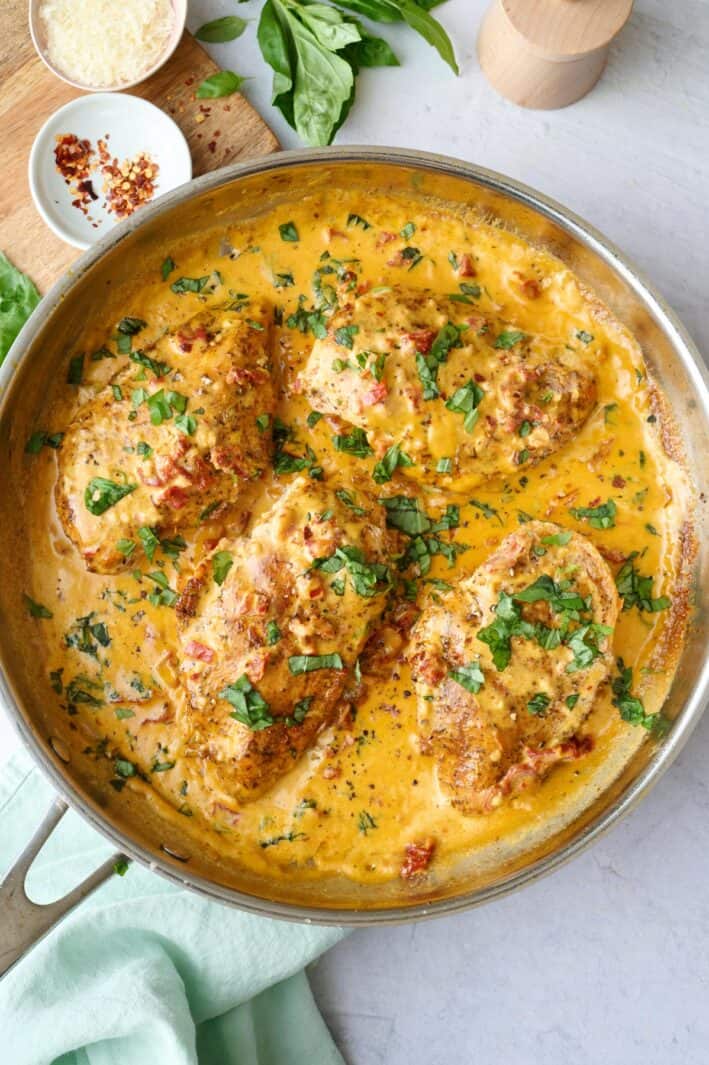One pot marry me chicken with a creamy sun dried tomato sauce.