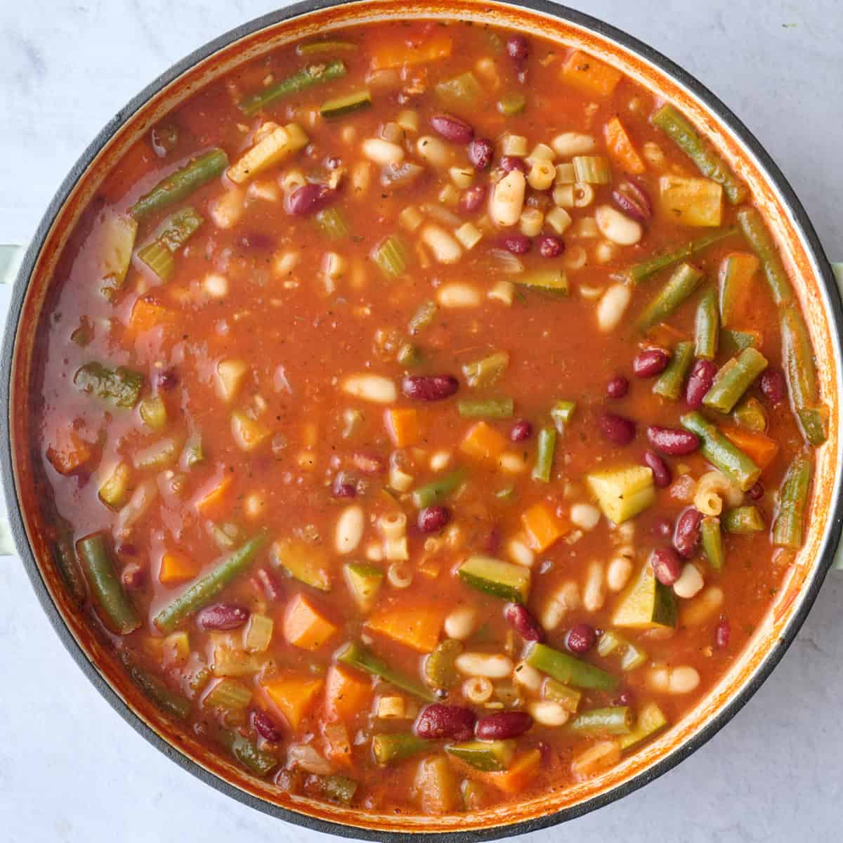 Minestrone soup recipe after cooking in a pot.
