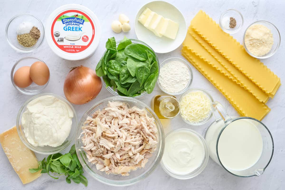 Ingredients for lasagna recipe before prepping: seasonings, Stonyfield Organize whole Milk Greek Yogurt, eggs, parmesan cheese, onion, fresh basil, spinach, cooked shredded chicken, garlic, butter, lasagna sheets, flour, oil, ricotta cheese, shredded mozzarella, milk, and grated parmesan.