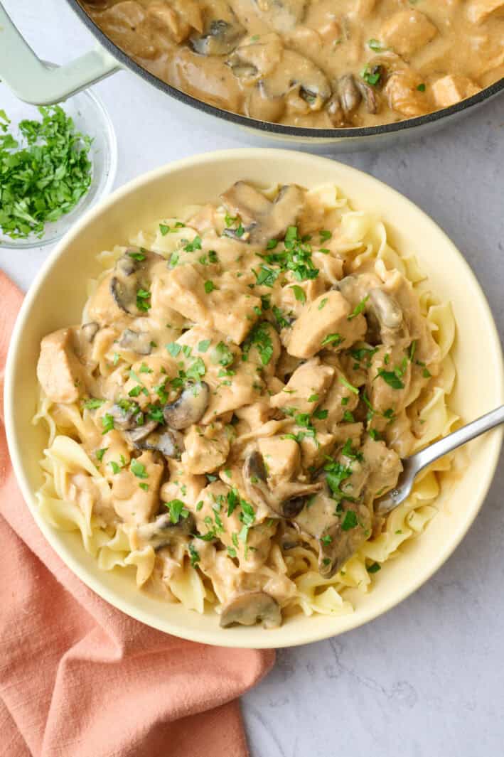 Chicken and mushroom stroganoff served over egg noodles in a bowl.