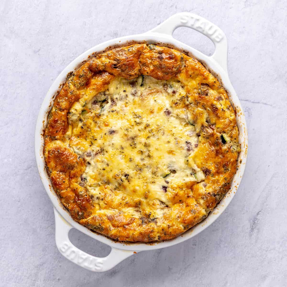 Crustless quiche after baking.