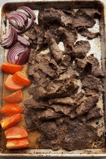 Viral baked doner kebab recipe on a sheet pan.