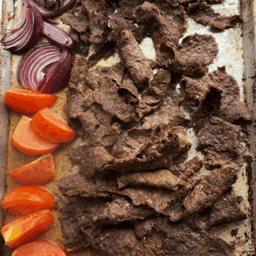 Viral baked doner kebab recipe on a sheet pan.