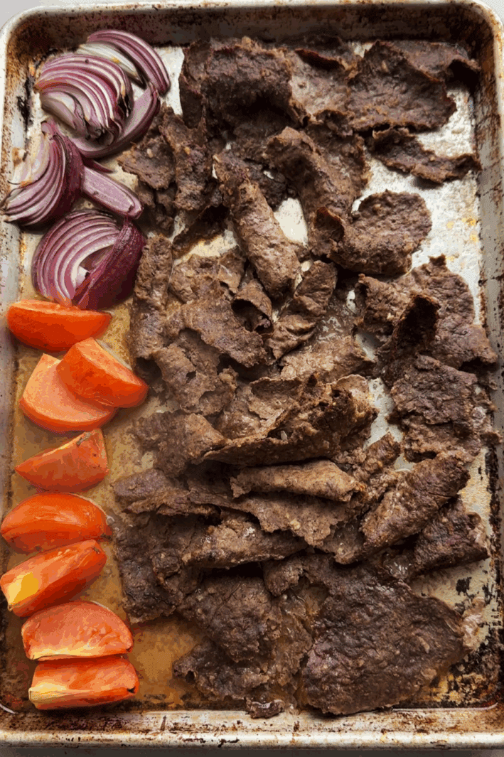 Viral baked doner kebab recipe on a sheet pan.