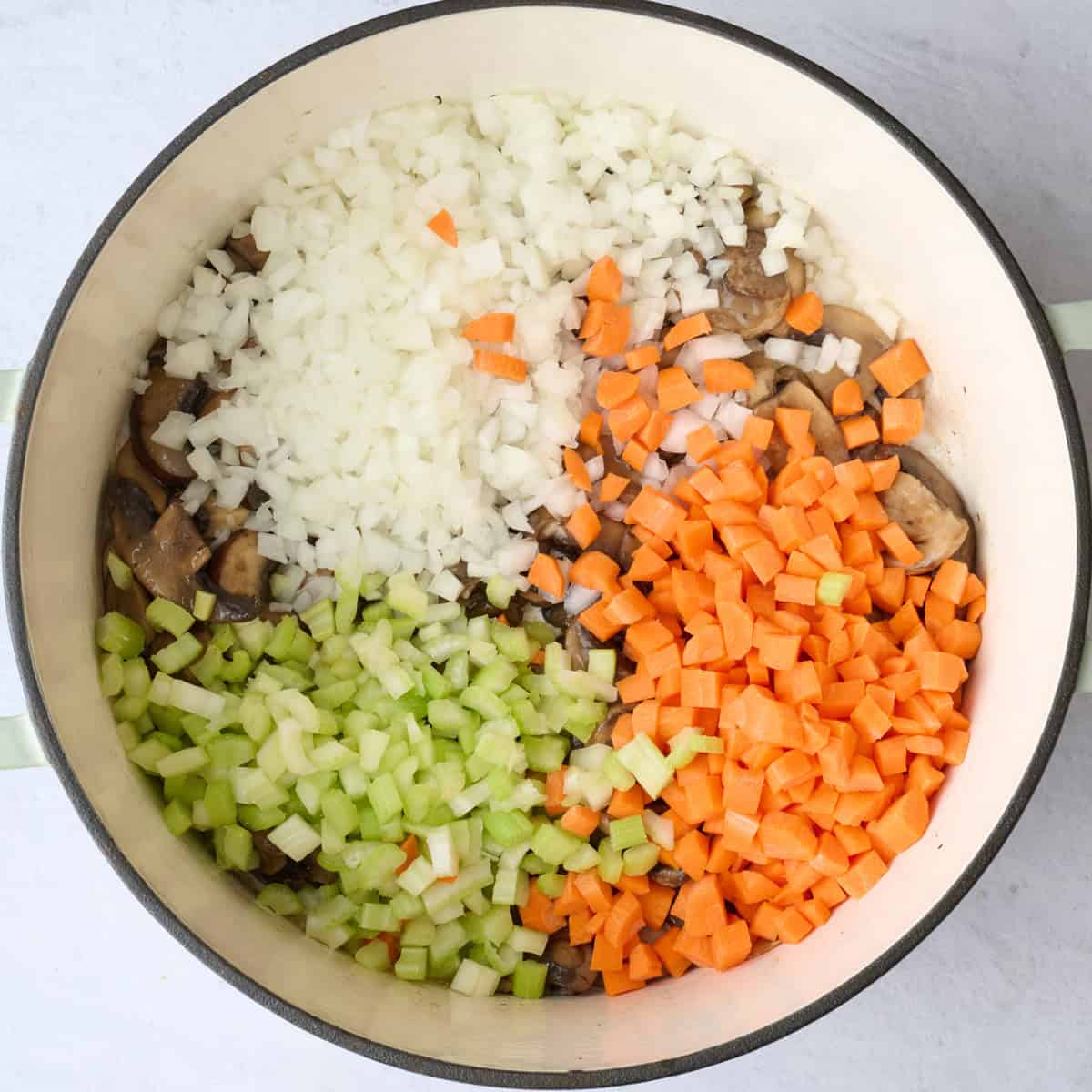 Diced onions, carrots, and celery added on top of cooked mushrooms before cooking.