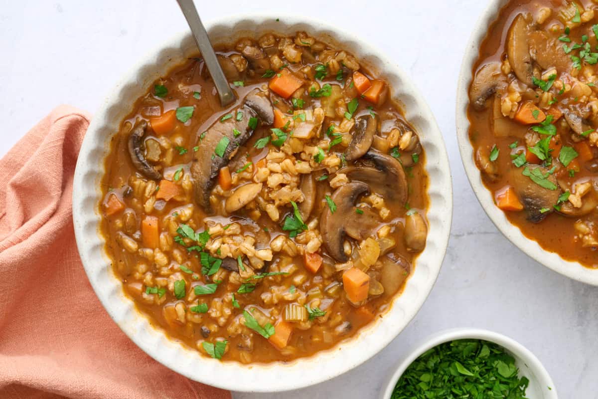 Best mushroom barley soup recipe in a bowl.