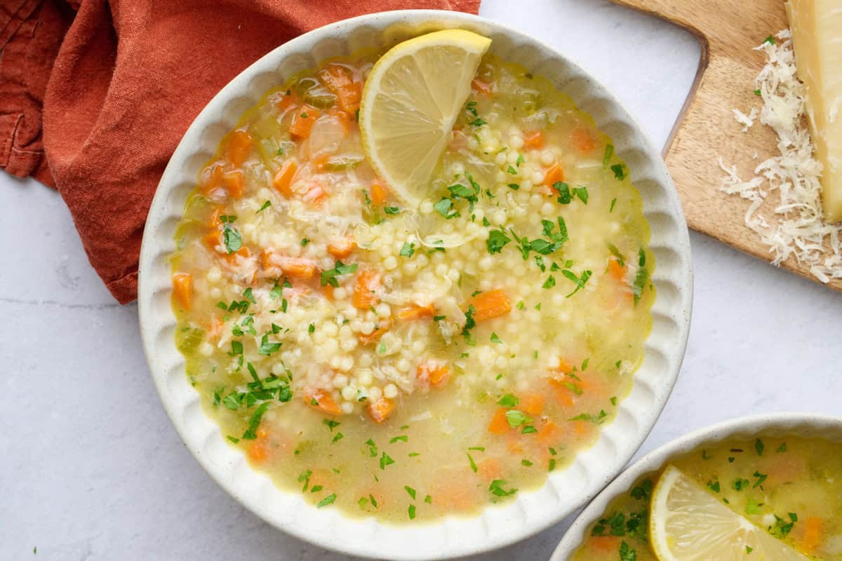 Quick pastina soup recipe in a bowl.