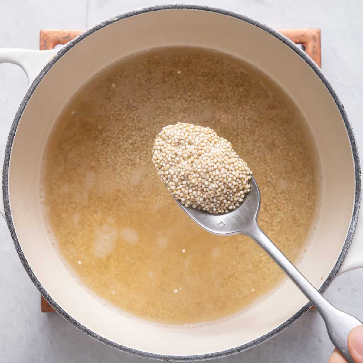 Quinoa added to a pot with water for recipe.