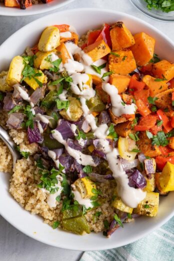 Roasted vegetable quinoa bowl recipe.