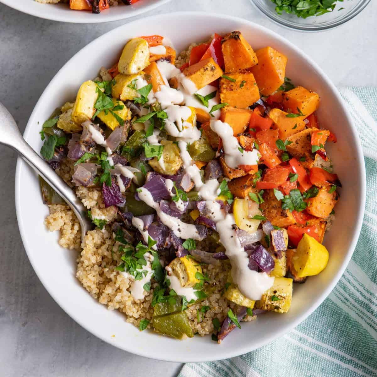 Roasted vegetable quinoa bowl recipe.