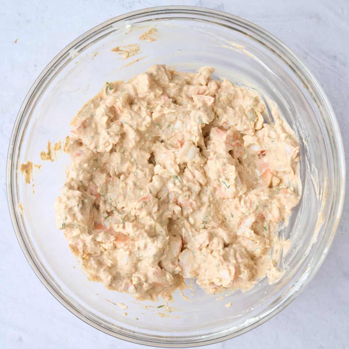 Cold shrimp dip recipe after combined in a bowl.